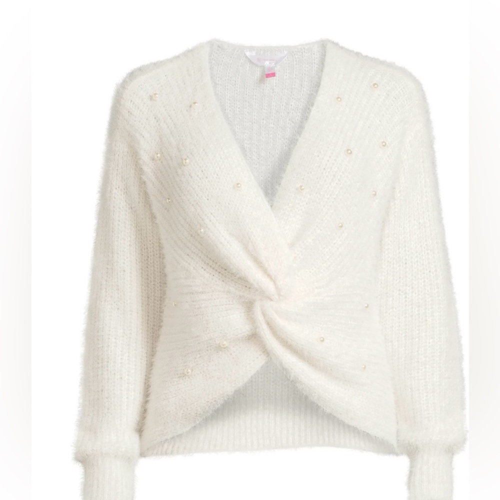 NWT No Boundaries White V-Neck Twist Sweater faux pearls - Picture 2 of 6